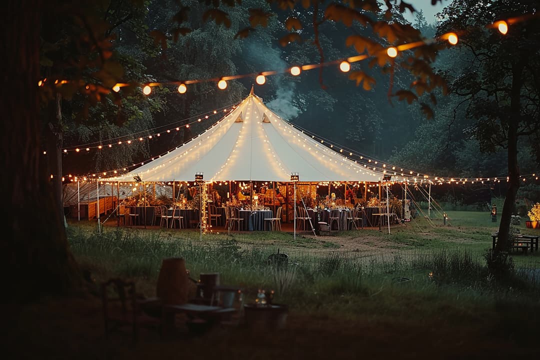 Tent with lights and people