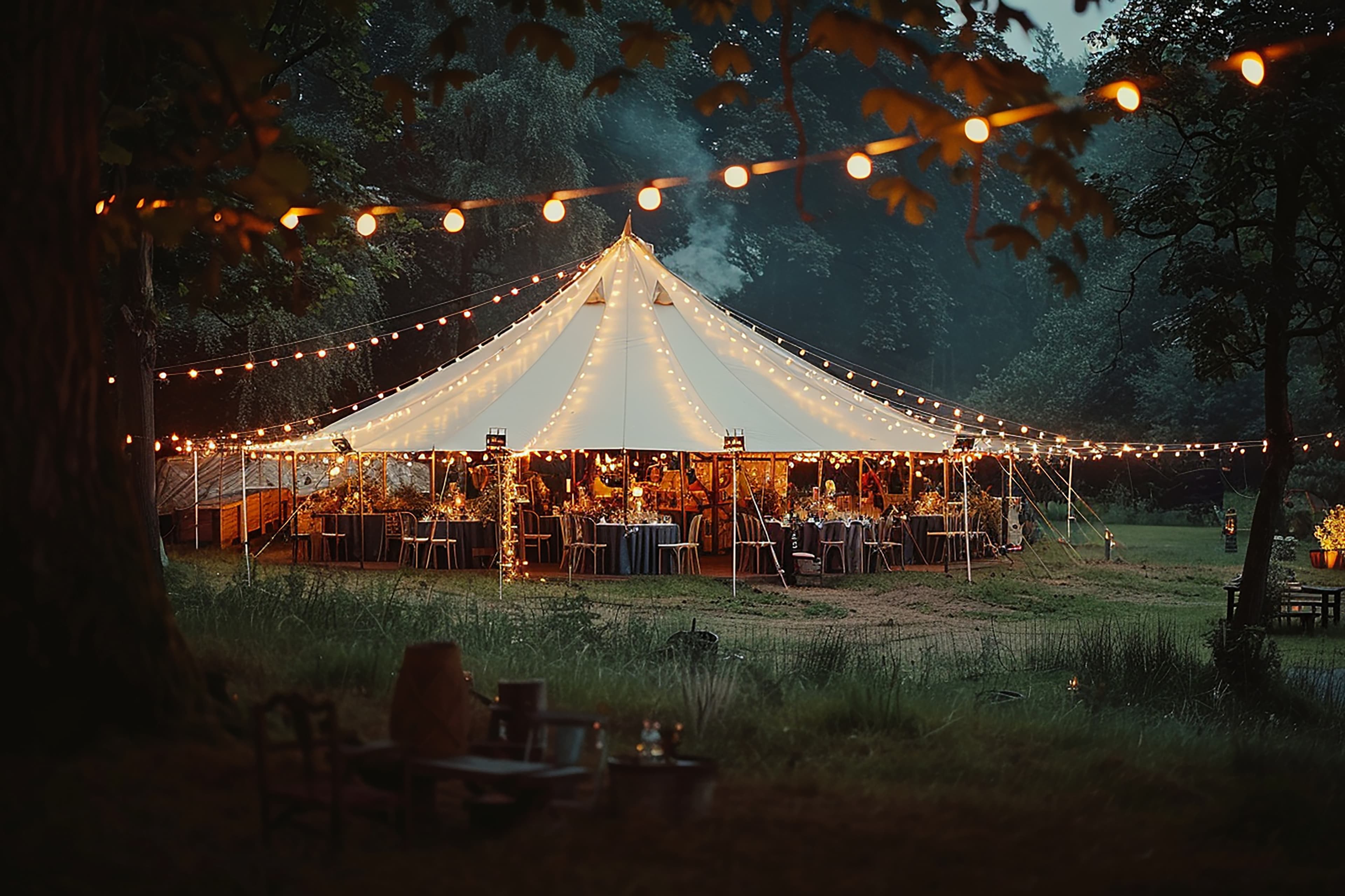 Tent with lights and people
